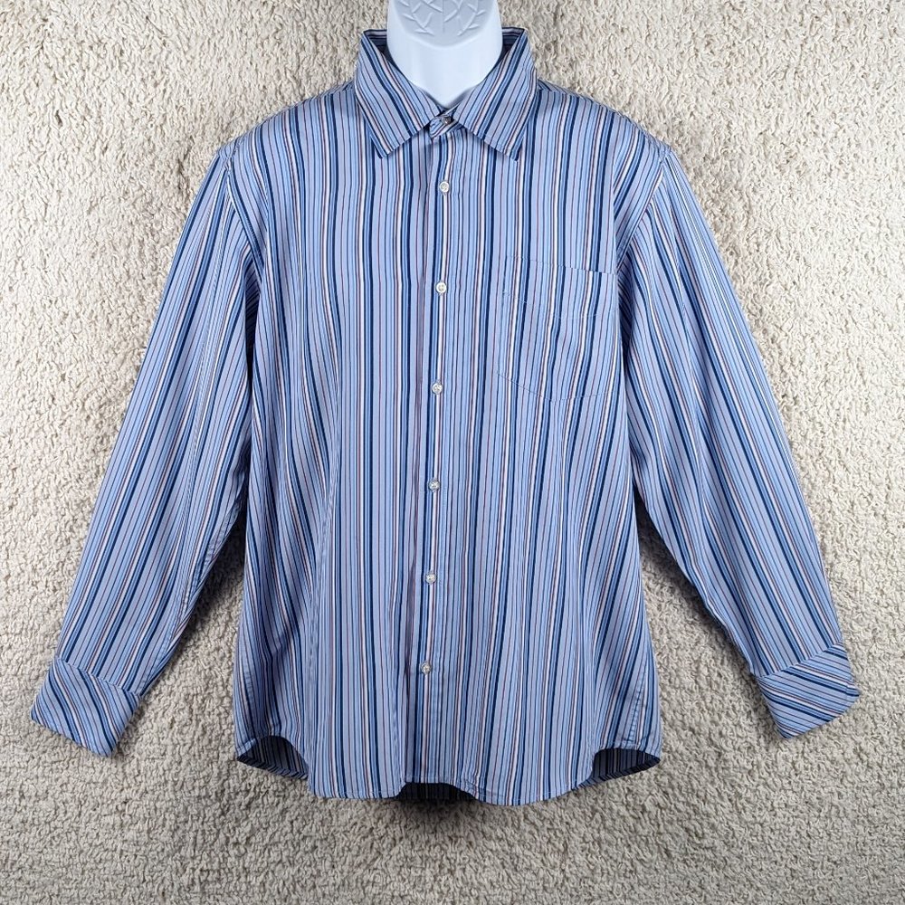 Whispering Smith* Men's Long Sleeve Button Down Curved Hem‎ Striped Shirt~ Large